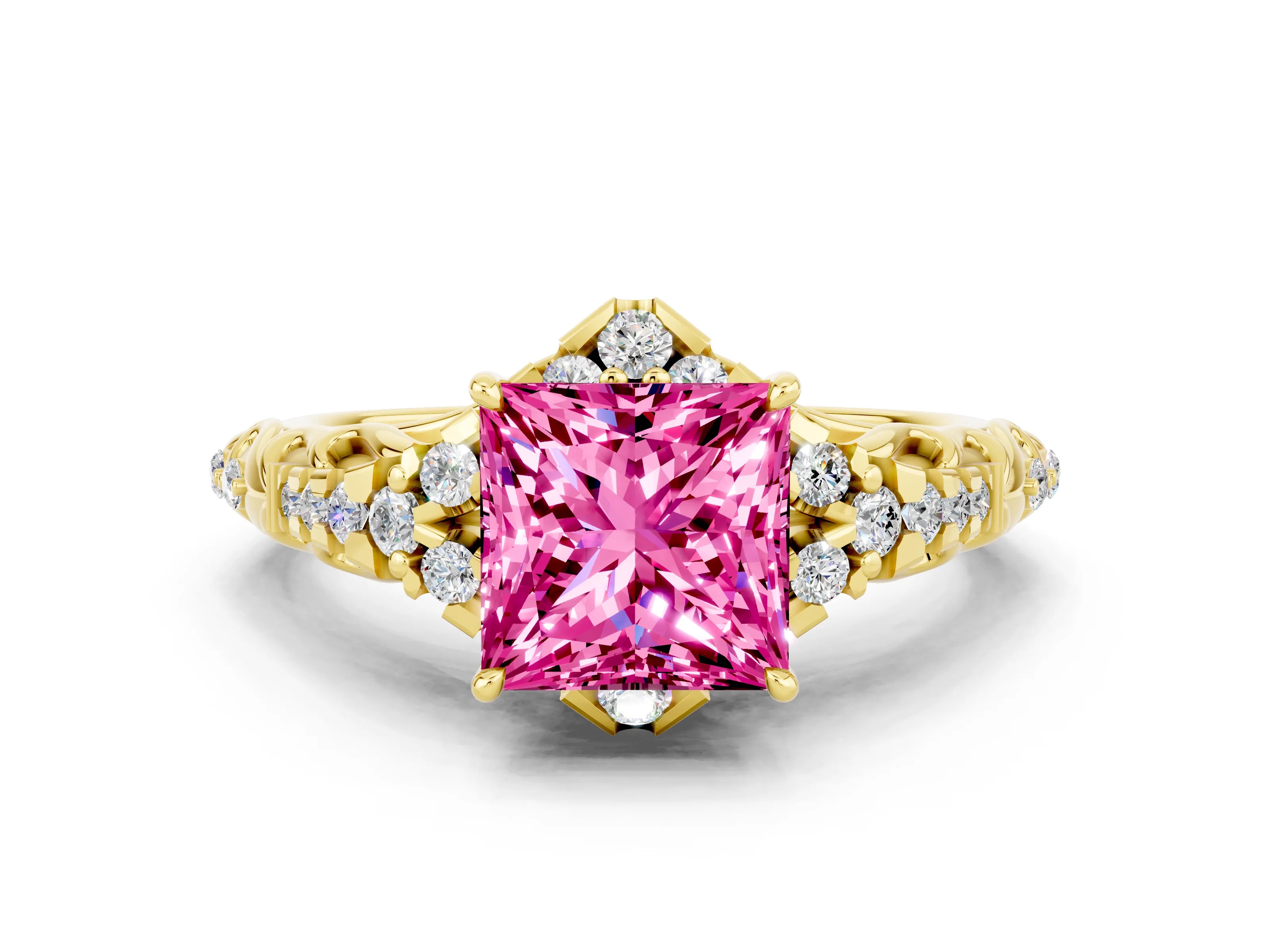 Yellow gold Princess Cut Pink Sapphire Solitaire Ring with Hidden Halo and Pavé Band_12