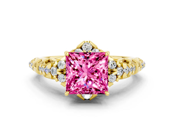 Yellow gold Princess Cut Pink Sapphire Solitaire Ring with Hidden Halo and Pavé Band