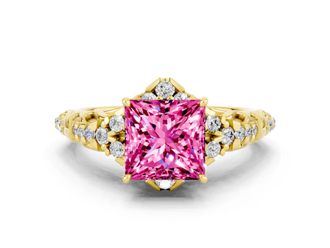 Yellow gold Princess Cut Pink Sapphire Solitaire Ring with Hidden Halo and Pavé Band_12