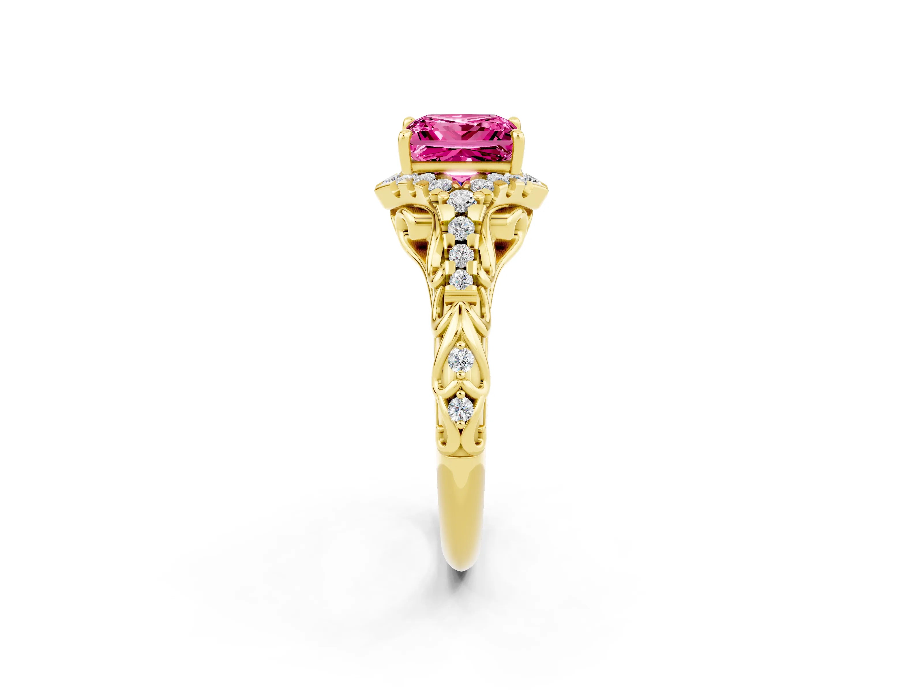 Yellow gold Princess Cut Pink Sapphire Solitaire Ring with Hidden Halo and Pavé Band_14