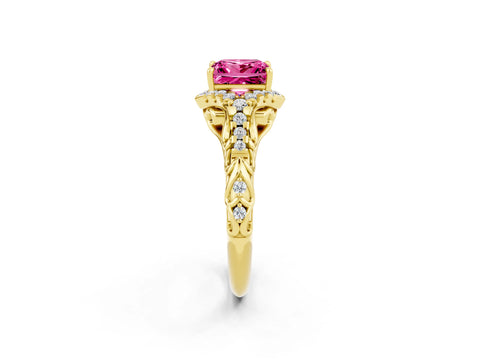 Yellow gold Princess Cut Pink Sapphire Solitaire Ring with Hidden Halo and Pavé Band_14