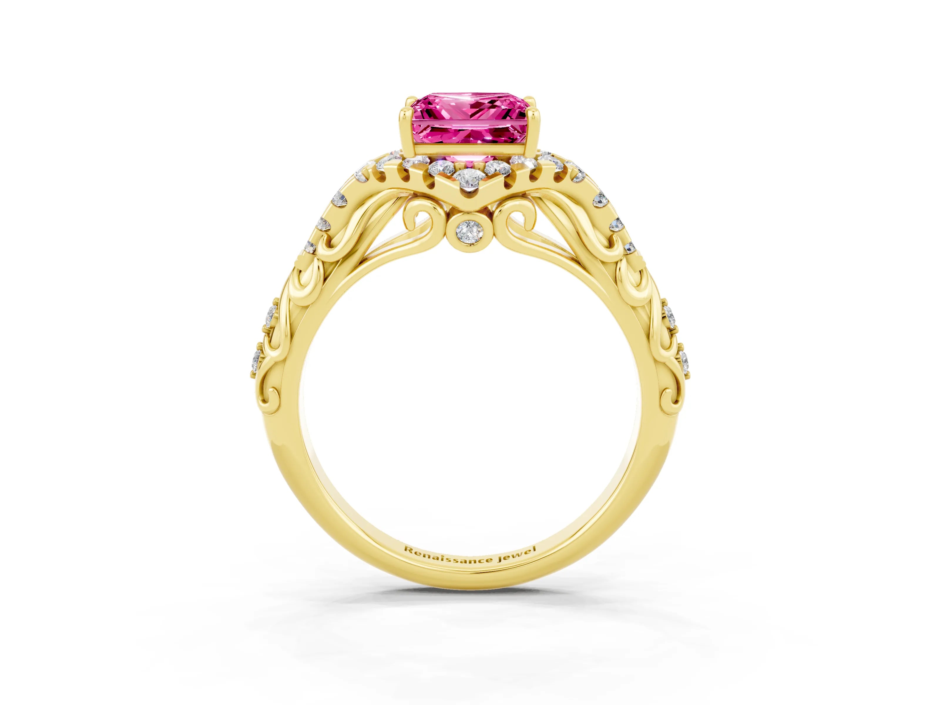 Yellow gold Princess Cut Pink Sapphire Solitaire Ring with Hidden Halo and Pavé Band_15