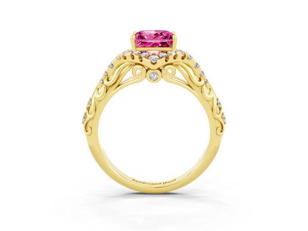 Yellow gold Princess Cut Pink Sapphire Solitaire Ring with Hidden Halo and Pavé Band