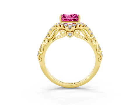 Yellow gold Princess Cut Pink Sapphire Solitaire Ring with Hidden Halo and Pavé Band_15