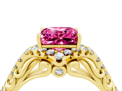 Yellow gold Princess Cut Pink Sapphire Solitaire Ring with Hidden Halo and Pavé Band_16