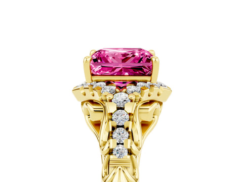 Yellow gold Princess Cut Pink Sapphire Solitaire Ring with Hidden Halo and Pavé Band_17