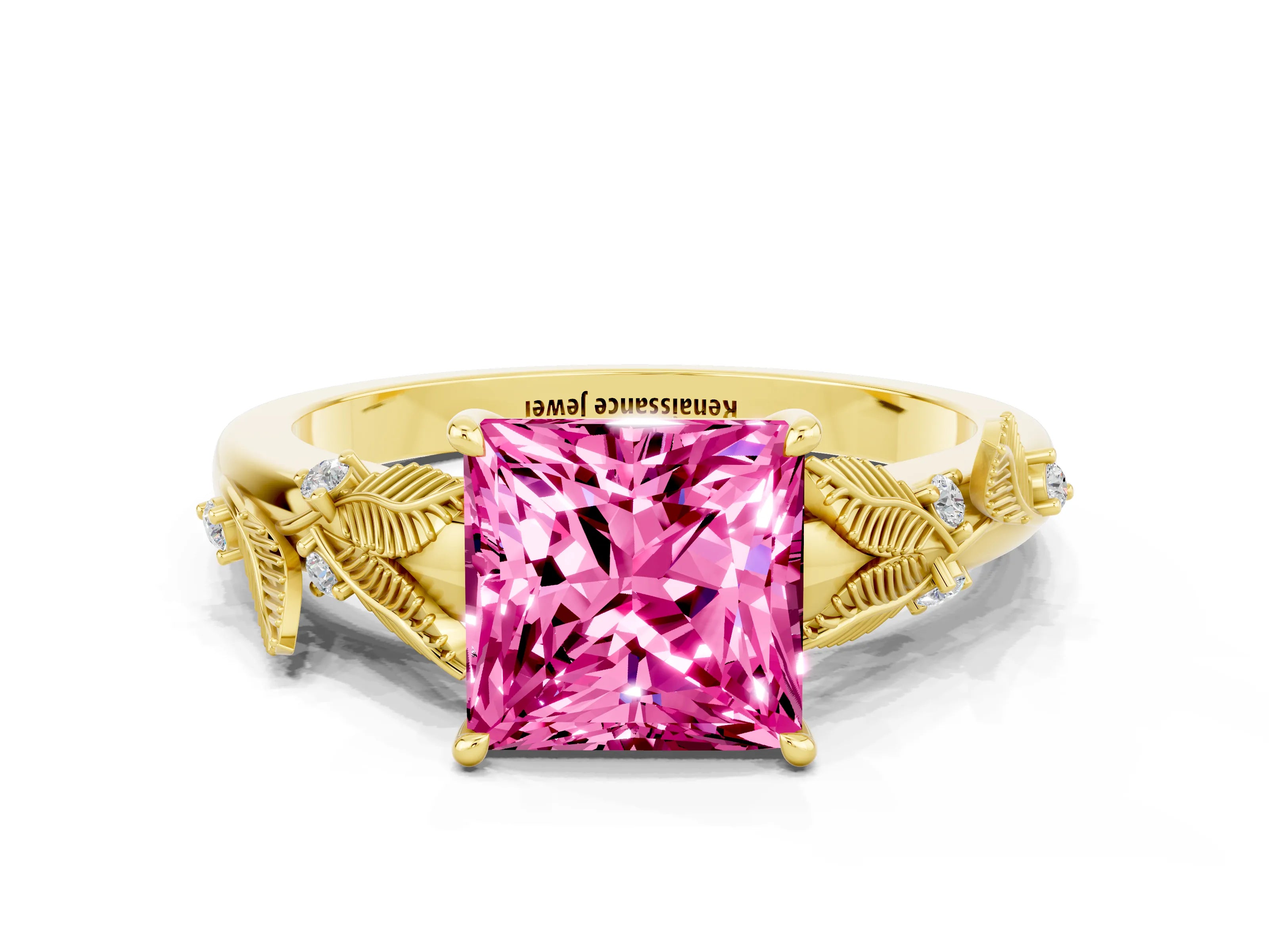 Yellow gold Princess Cut Pink Sapphire Solitaire Ring with Leaf Motif Band and Four-Prong Setting