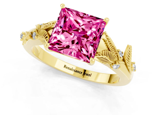 Yellow gold Princess Cut Pink Sapphire Solitaire Ring with Leaf Motif Band and Four-Prong Setting