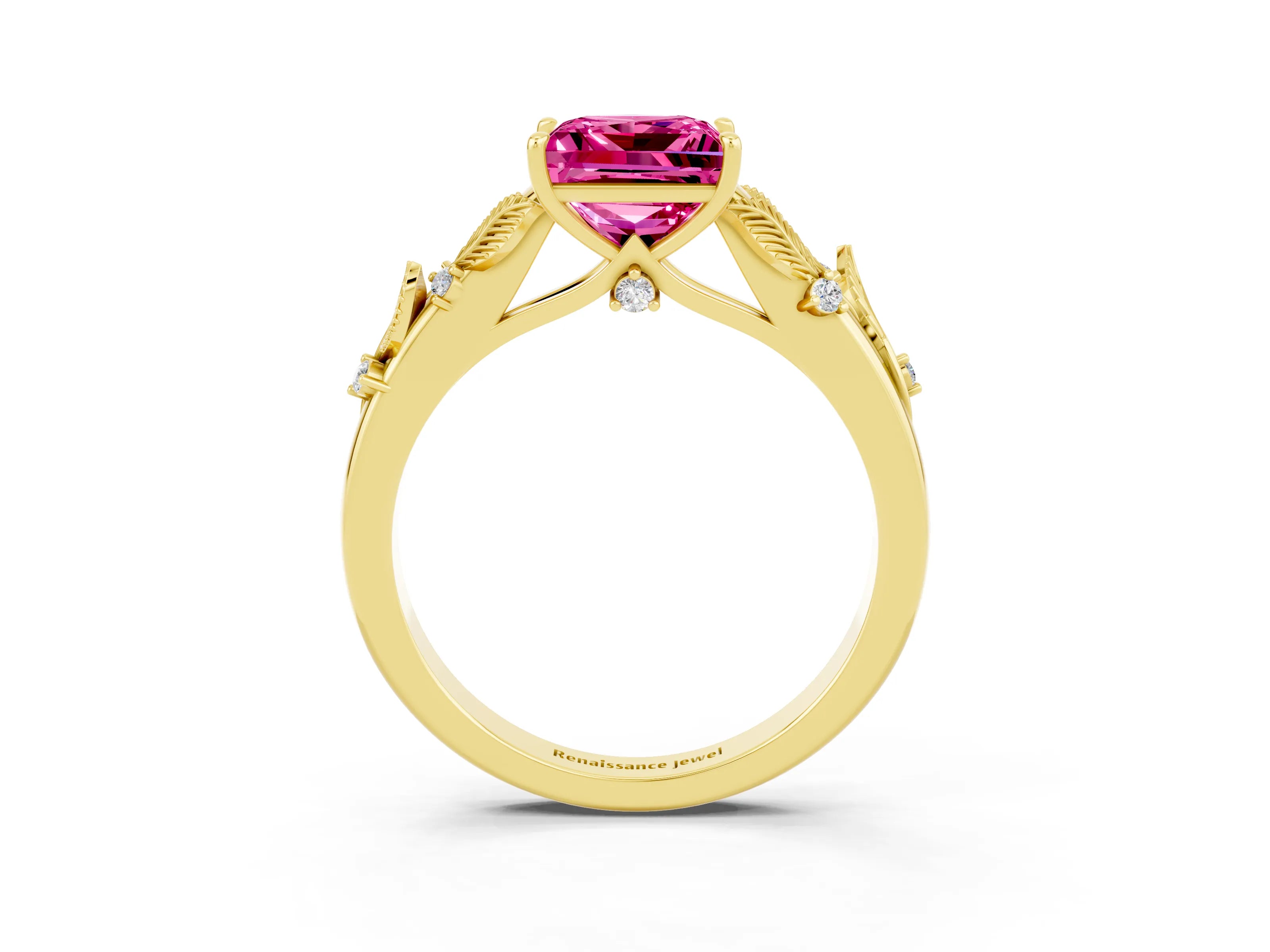 Yellow gold Princess Cut Pink Sapphire Solitaire Ring with Leaf Motif Band and Four-Prong Setting_3