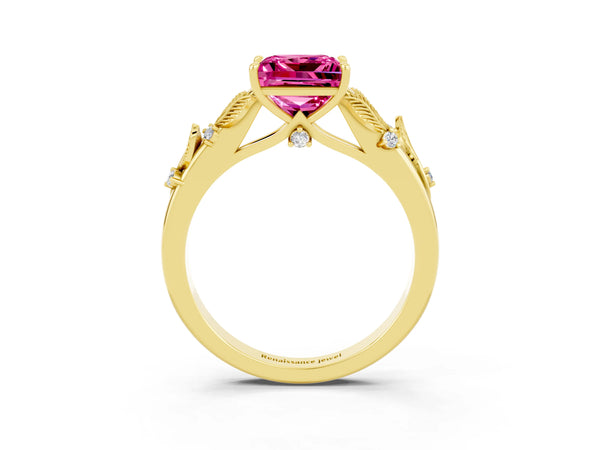 Yellow gold Princess Cut Pink Sapphire Solitaire Ring with Leaf Motif Band and Four-Prong Setting