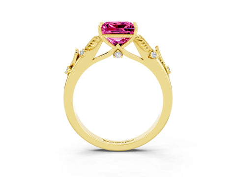 Yellow gold Princess Cut Pink Sapphire Solitaire Ring with Leaf Motif Band and Four-Prong Setting_3