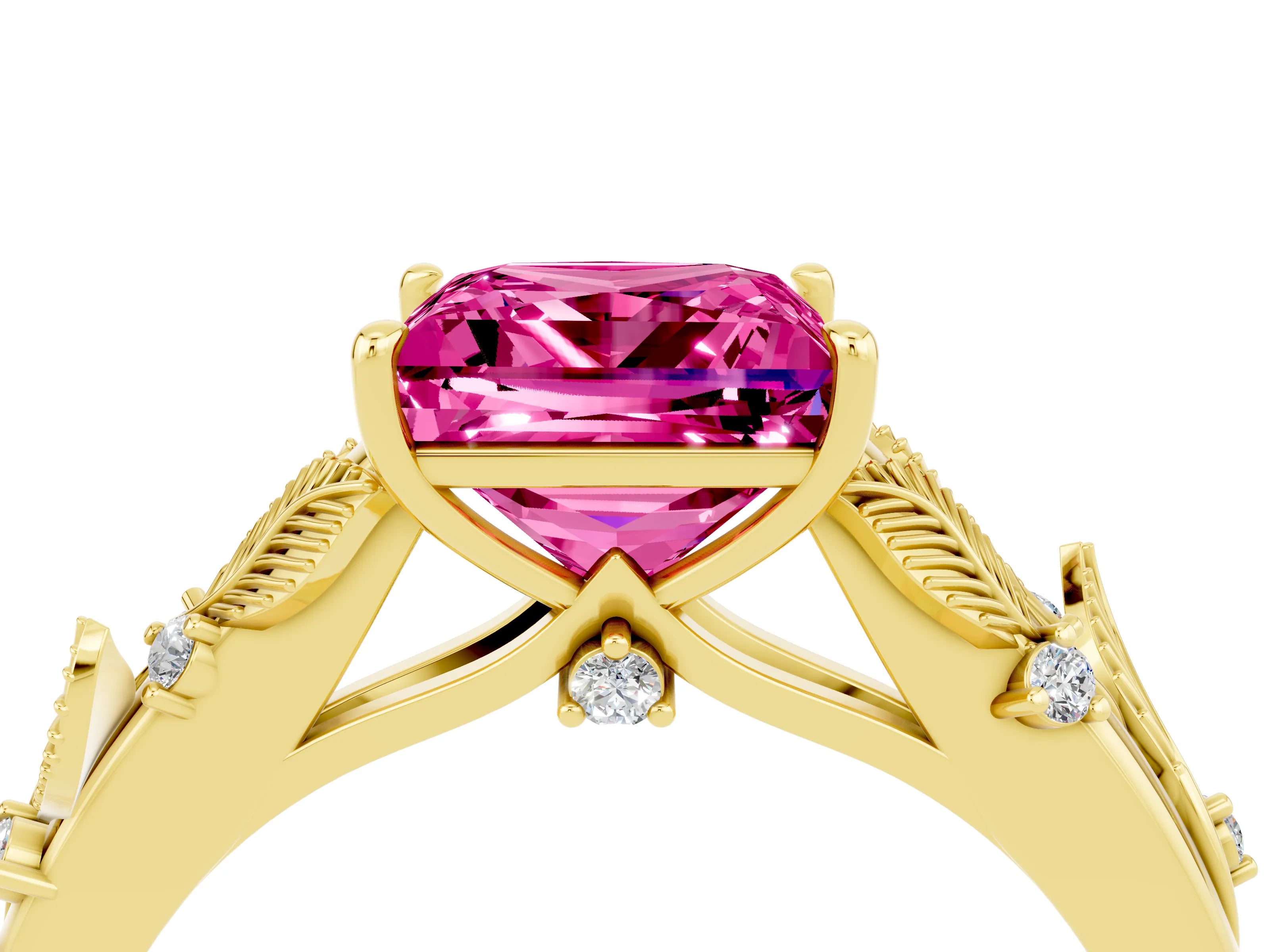 Yellow gold Princess Cut Pink Sapphire Solitaire Ring with Leaf Motif Band and Four-Prong Setting_4