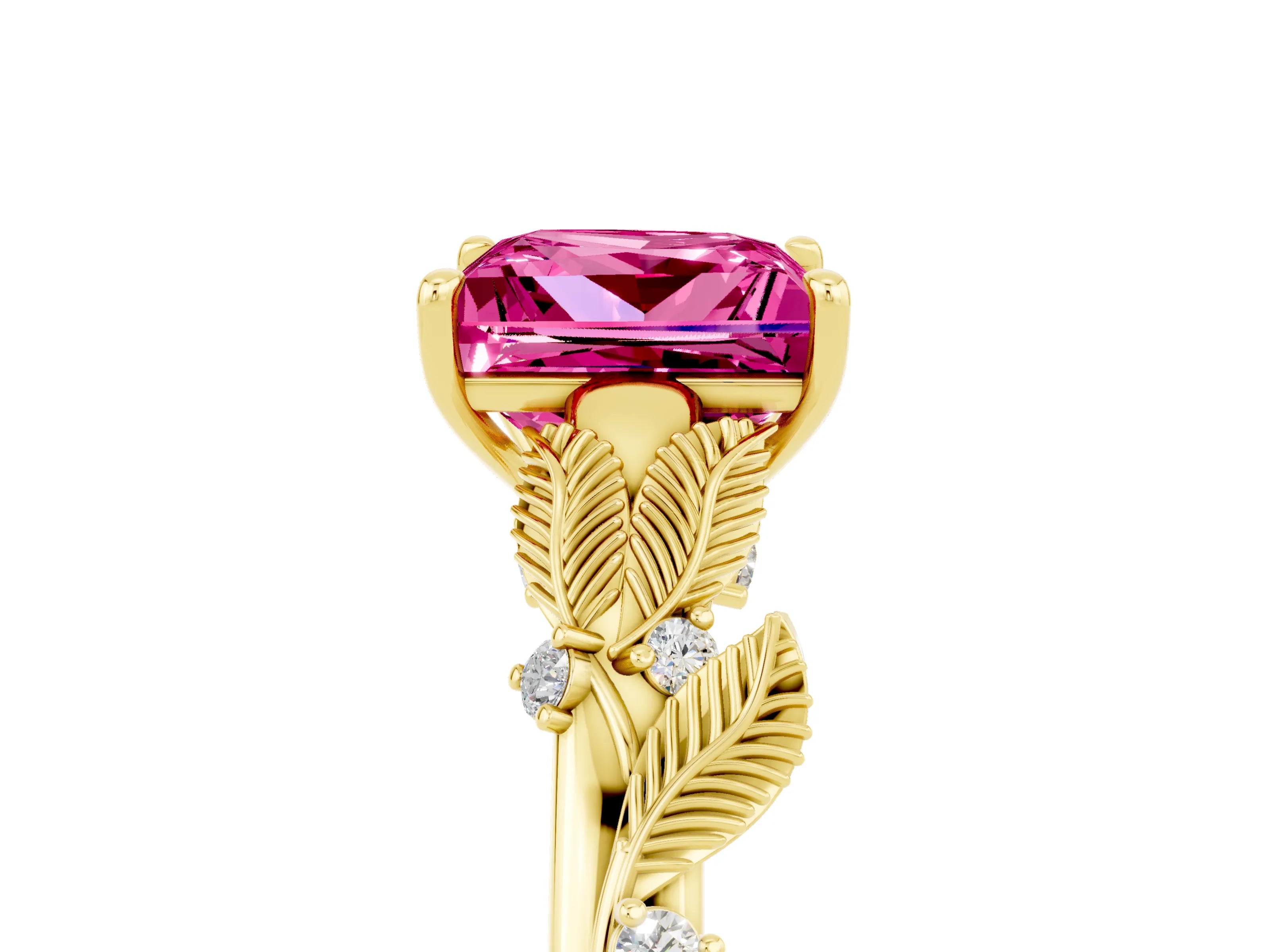 Yellow gold Princess Cut Pink Sapphire Solitaire Ring with Leaf Motif Band and Four-Prong Setting_5