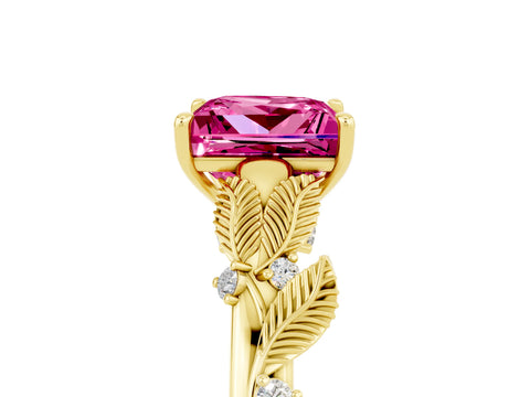 Yellow gold Princess Cut Pink Sapphire Solitaire Ring with Leaf Motif Band and Four-Prong Setting_5