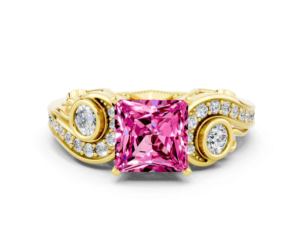 Yellow gold Princess Cut Pink Sapphire Solitaire Ring with Milgrain Pavé Band and Four-Prong Setting