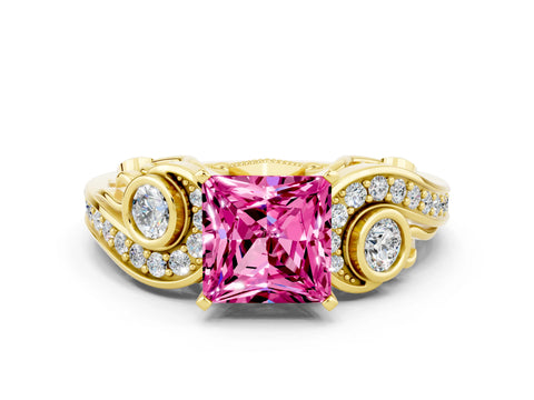 Yellow gold Princess Cut Pink Sapphire Solitaire Ring with Milgrain Pavé Band and Four-Prong Setting_24