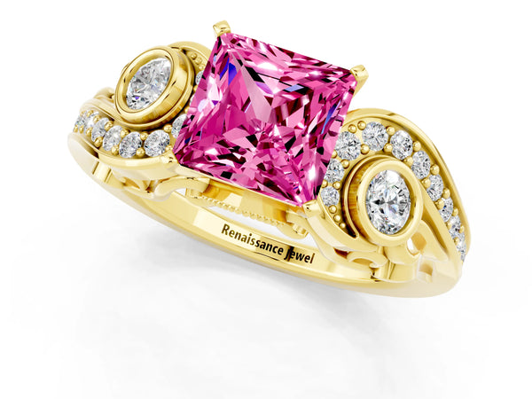 Yellow gold Princess Cut Pink Sapphire Solitaire Ring with Milgrain Pavé Band and Four-Prong Setting