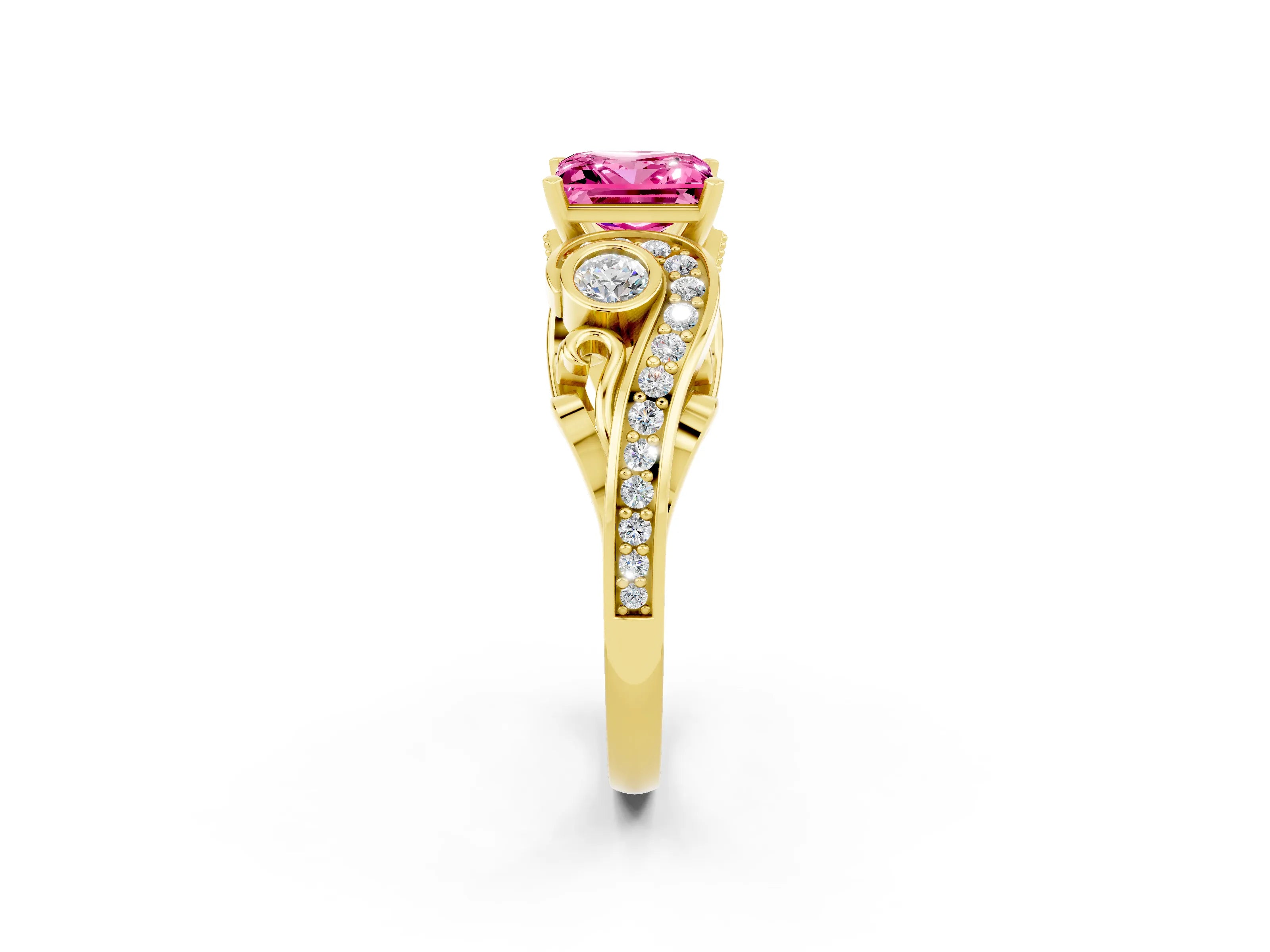Yellow gold Princess Cut Pink Sapphire Solitaire Ring with Milgrain Pavé Band and Four-Prong Setting_26