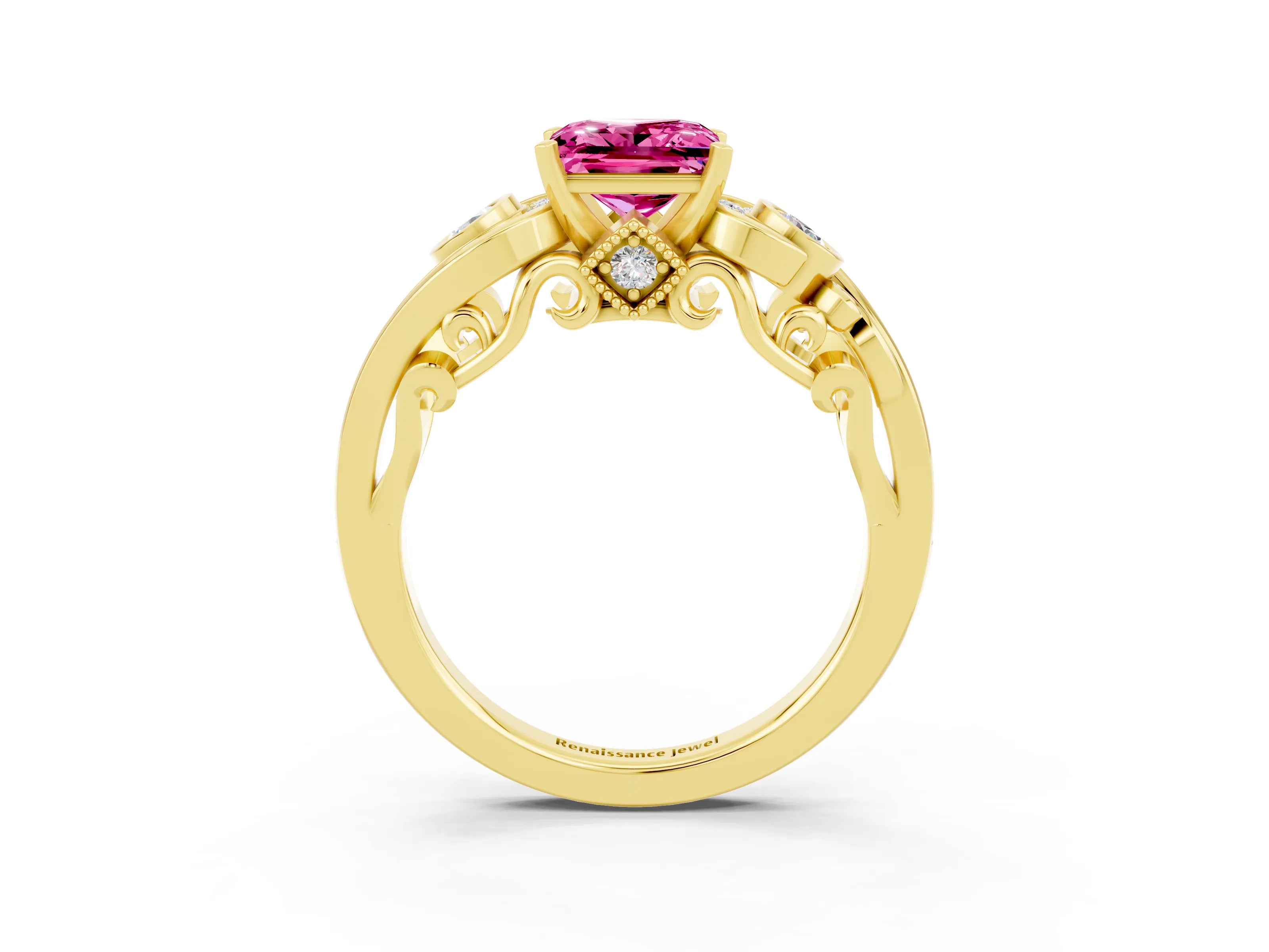 Yellow gold Princess Cut Pink Sapphire Solitaire Ring with Milgrain Pavé Band and Four-Prong Setting_27