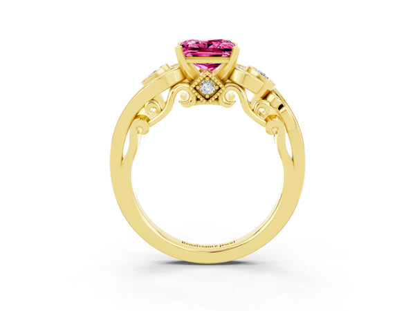 Yellow gold Princess Cut Pink Sapphire Solitaire Ring with Milgrain Pavé Band and Four-Prong Setting