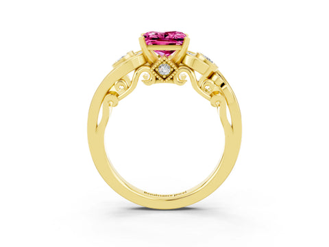 Yellow gold Princess Cut Pink Sapphire Solitaire Ring with Milgrain Pavé Band and Four-Prong Setting_27