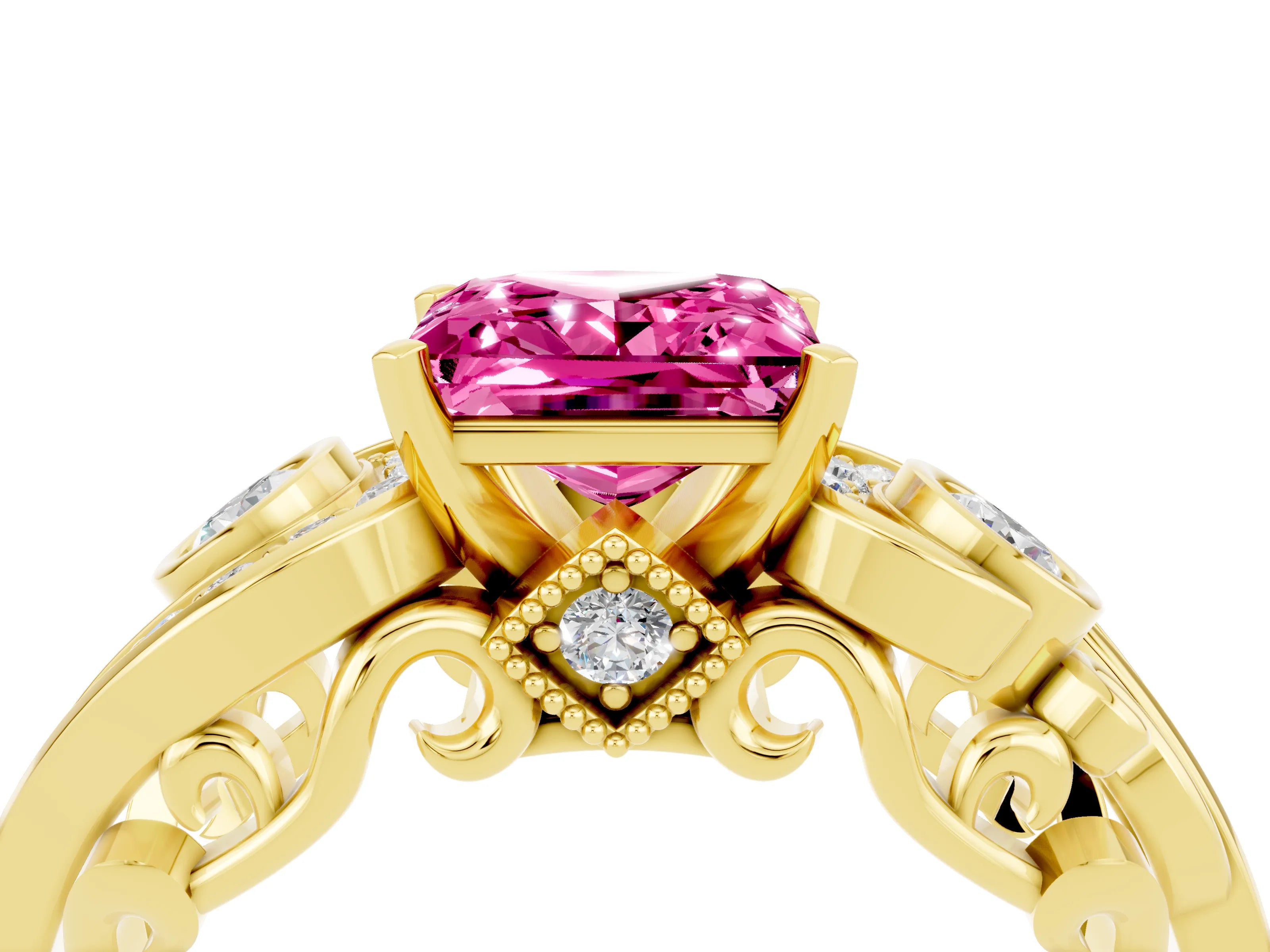 Yellow gold Princess Cut Pink Sapphire Solitaire Ring with Milgrain Pavé Band and Four-Prong Setting_28