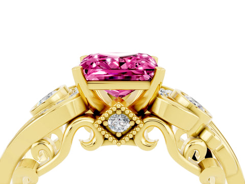 Yellow gold Princess Cut Pink Sapphire Solitaire Ring with Milgrain Pavé Band and Four-Prong Setting_28