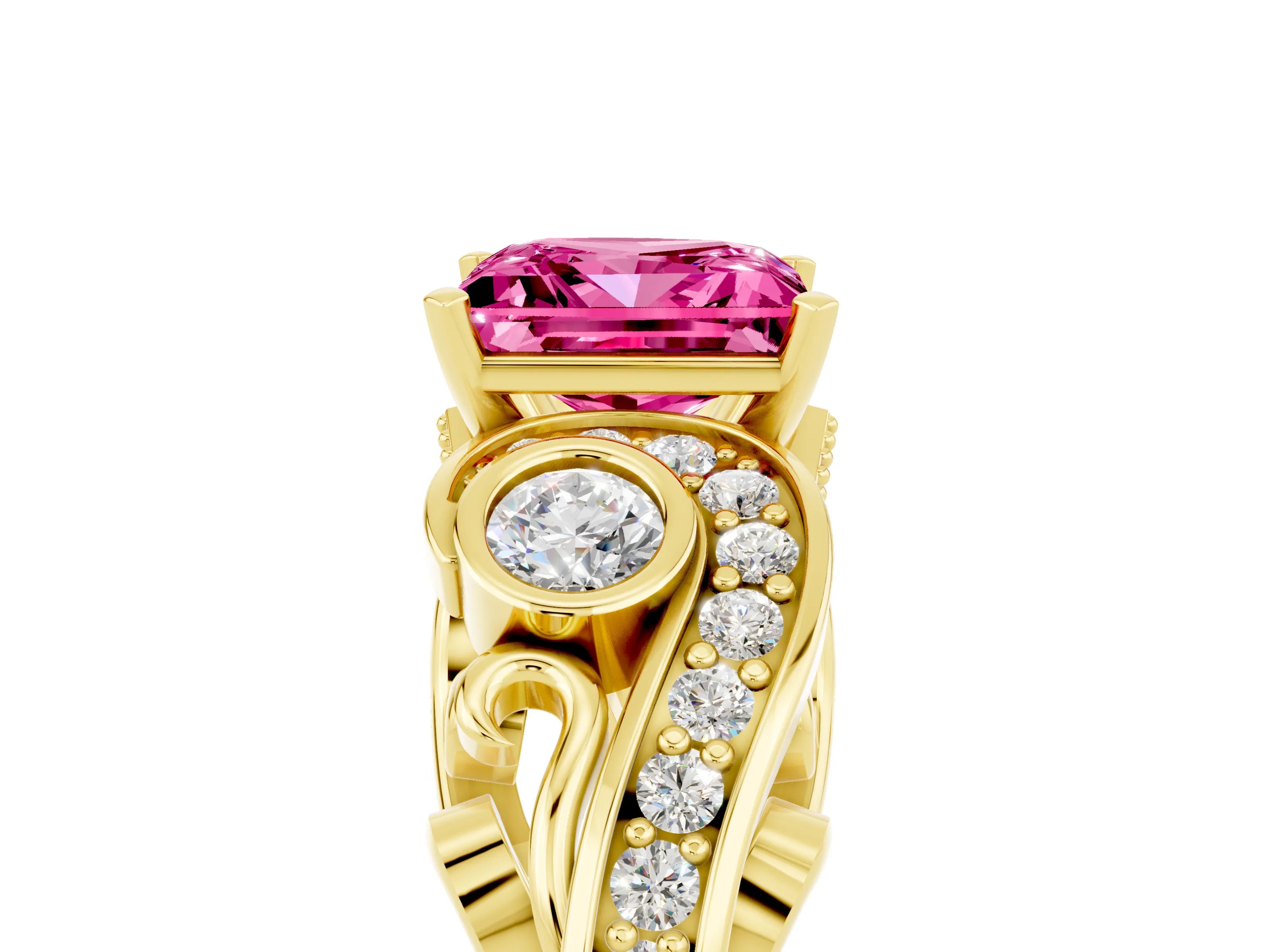 Yellow gold Princess Cut Pink Sapphire Solitaire Ring with Milgrain Pavé Band and Four-Prong Setting_29