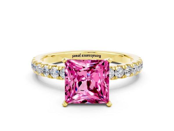 Yellow gold Princess Cut Pink Sapphire Solitaire Ring with Pavé Accents and Four-Prong Setting
