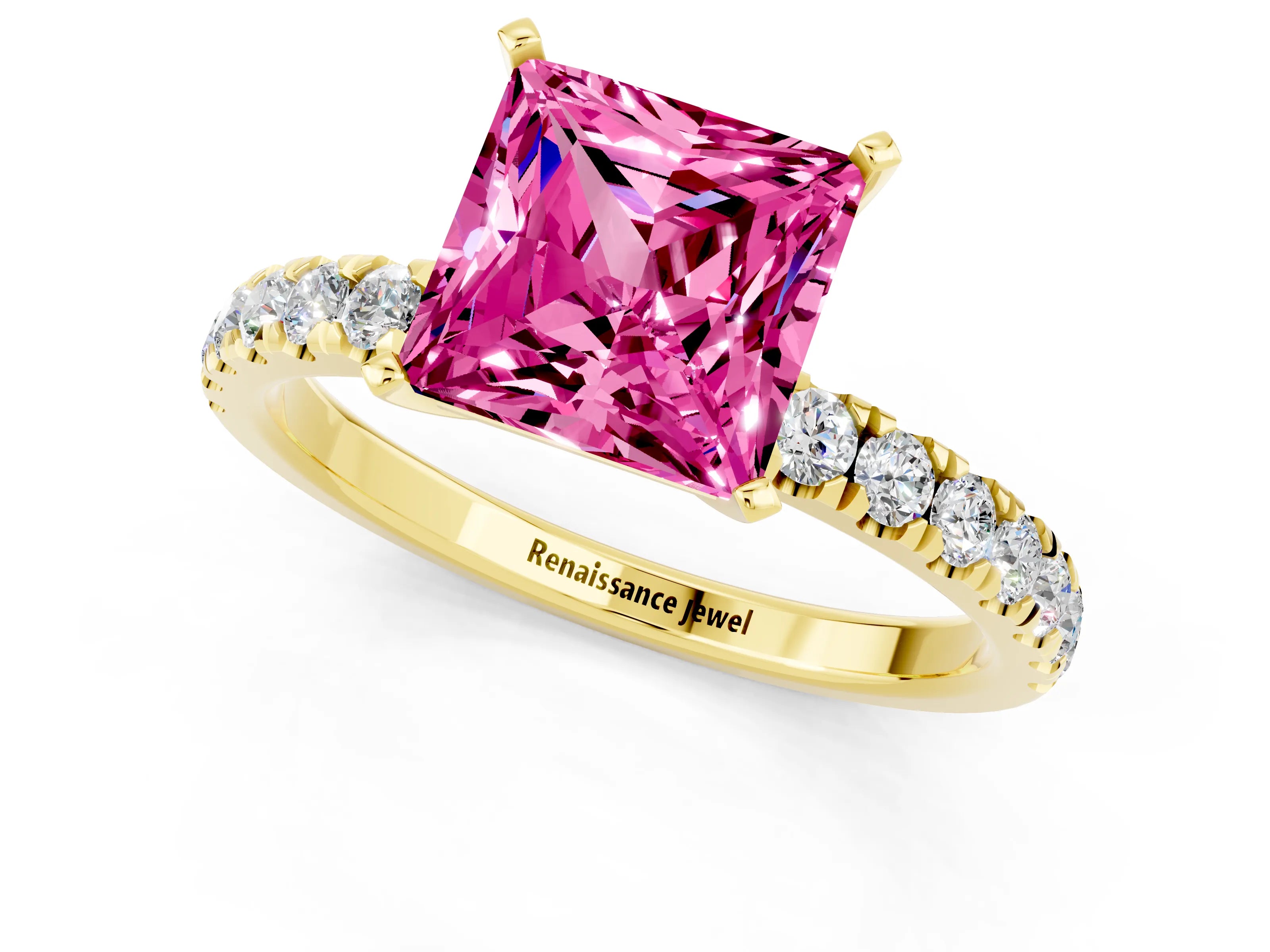 Yellow gold Princess Cut Pink Sapphire Solitaire Ring with Pavé Accents and Four-Prong Setting_25