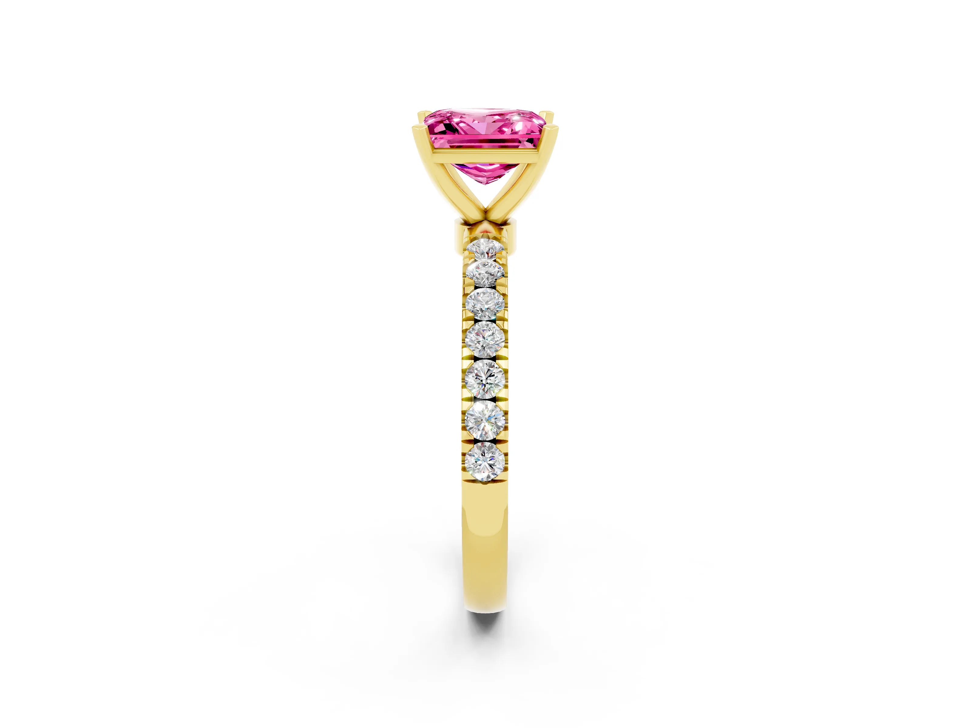 Yellow gold Princess Cut Pink Sapphire Solitaire Ring with Pavé Accents and Four-Prong Setting_26