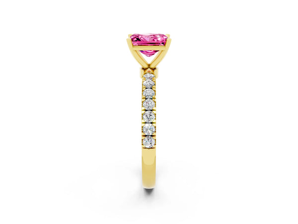 Yellow gold Princess Cut Pink Sapphire Solitaire Ring with Pavé Accents and Four-Prong Setting