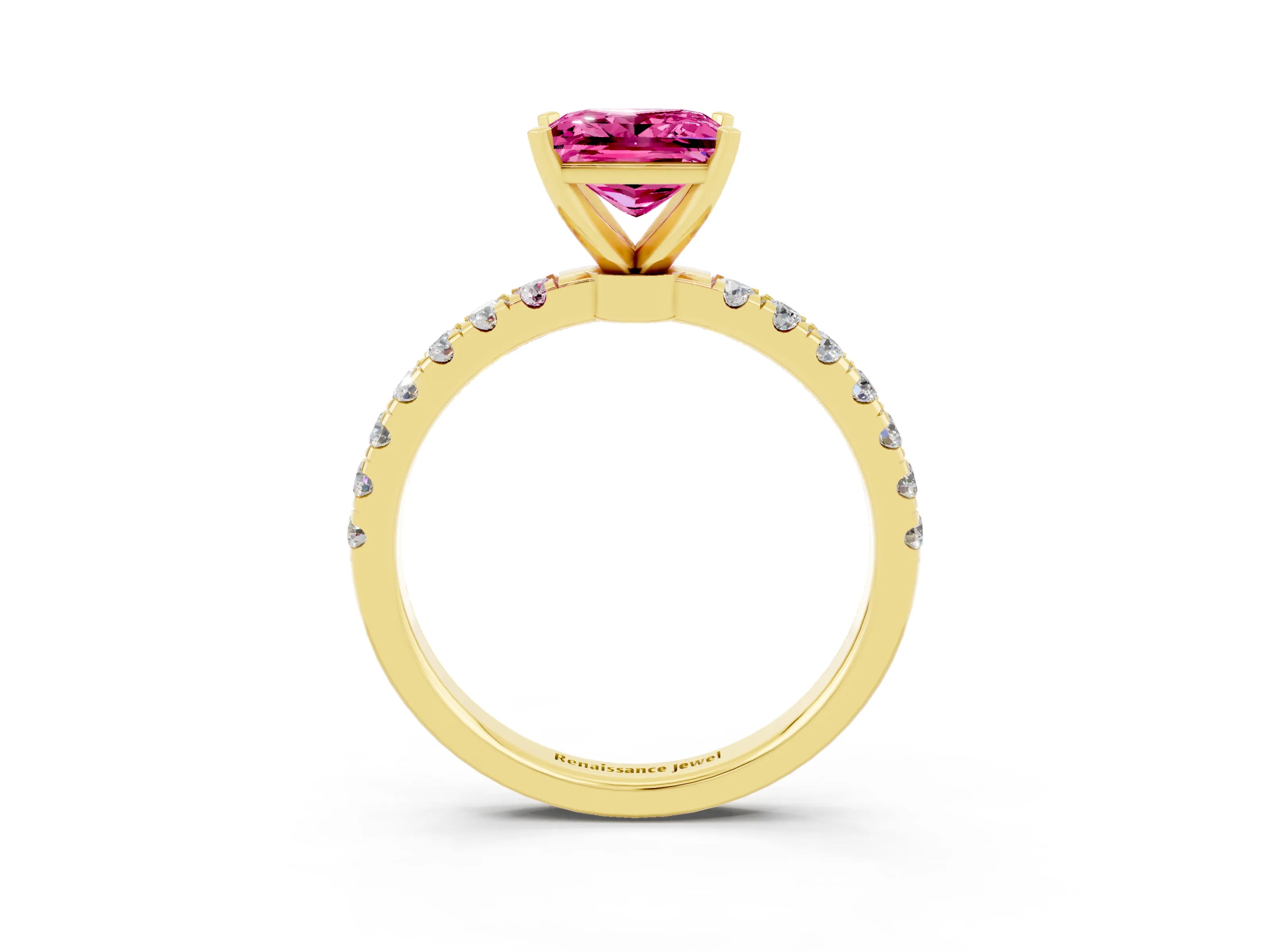 Yellow gold Princess Cut Pink Sapphire Solitaire Ring with Pavé Accents and Four-Prong Setting_27