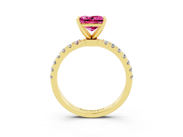 Yellow gold Princess Cut Pink Sapphire Solitaire Ring with Pavé Accents and Four-Prong Setting