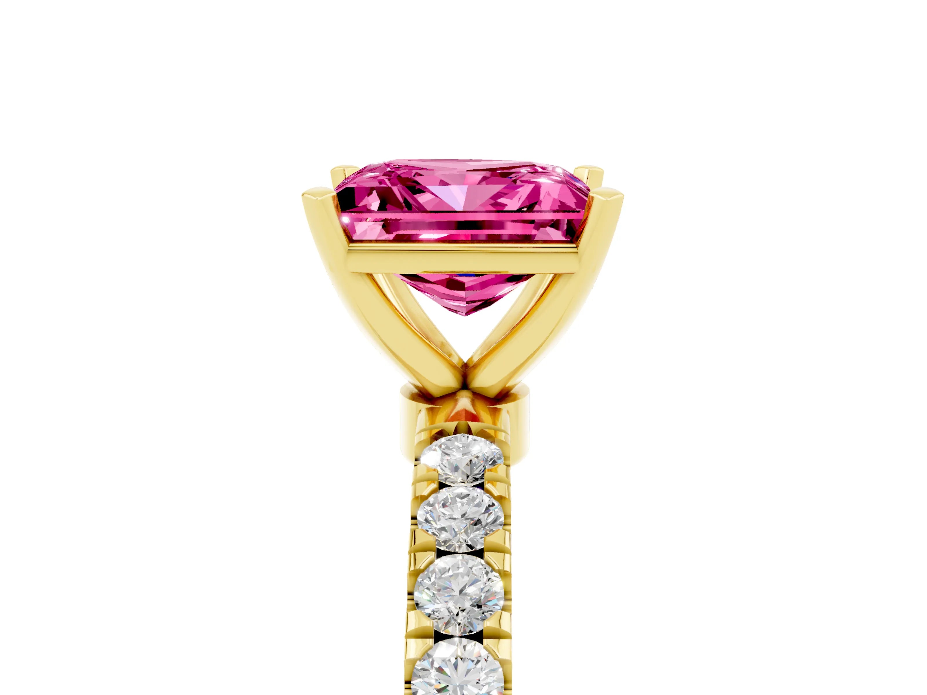 Yellow gold Princess Cut Pink Sapphire Solitaire Ring with Pavé Accents and Four-Prong Setting_29
