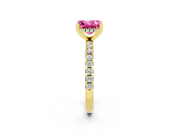 Yellow gold Princess Cut Pink Sapphire Solitaire Ring with Round  Pavé Band and Four-Prong Setting