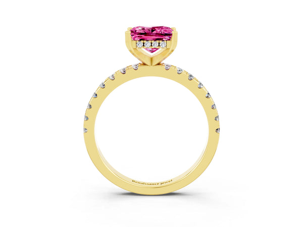 Yellow gold Princess Cut Pink Sapphire Solitaire Ring with Round  Pavé Band and Four-Prong Setting