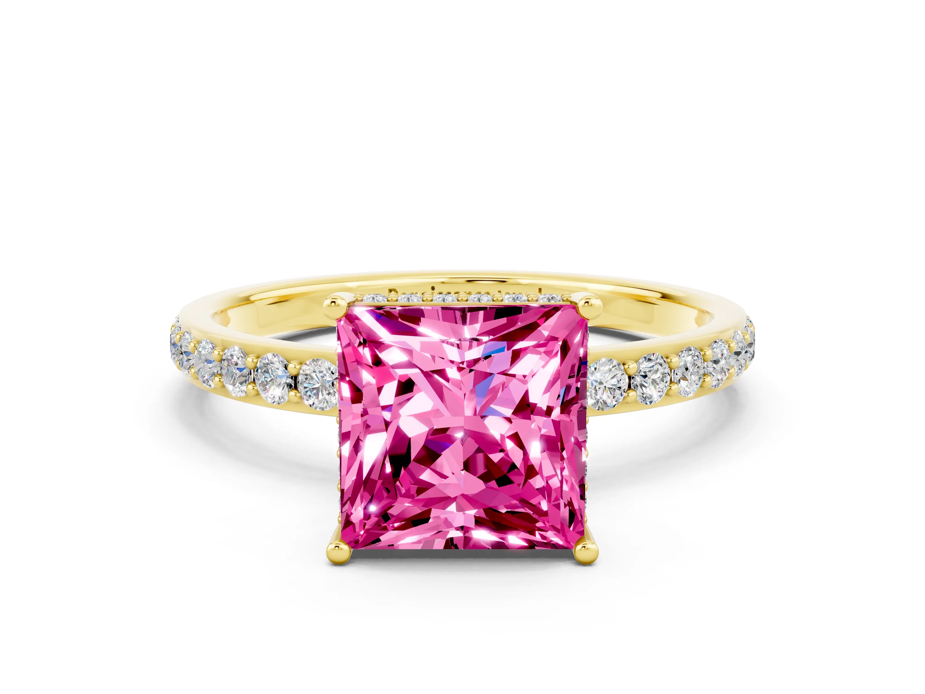 Yellow gold Princess Cut Pink Sapphire Solitaire Ring with Pavé Band and Hidden Halo_12