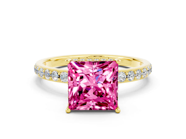 Yellow gold Princess Cut Pink Sapphire Solitaire Ring with Pavé Band and Hidden Halo
