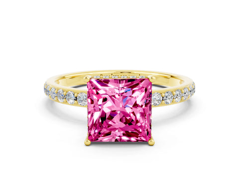 Yellow gold Princess Cut Pink Sapphire Solitaire Ring with Pavé Band and Hidden Halo_12