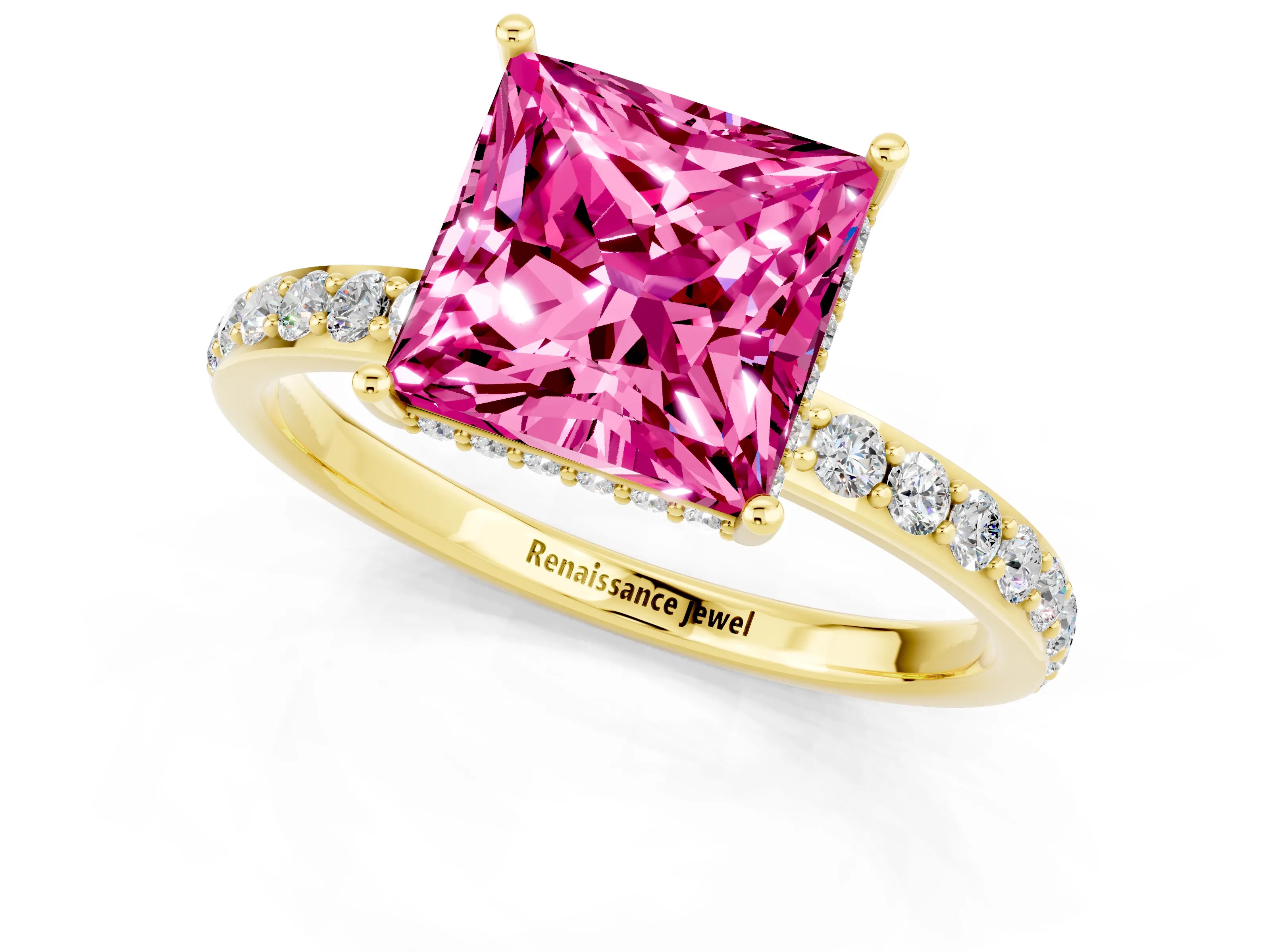 Yellow gold Princess Cut Pink Sapphire Solitaire Ring with Pavé Band and Hidden Halo_13