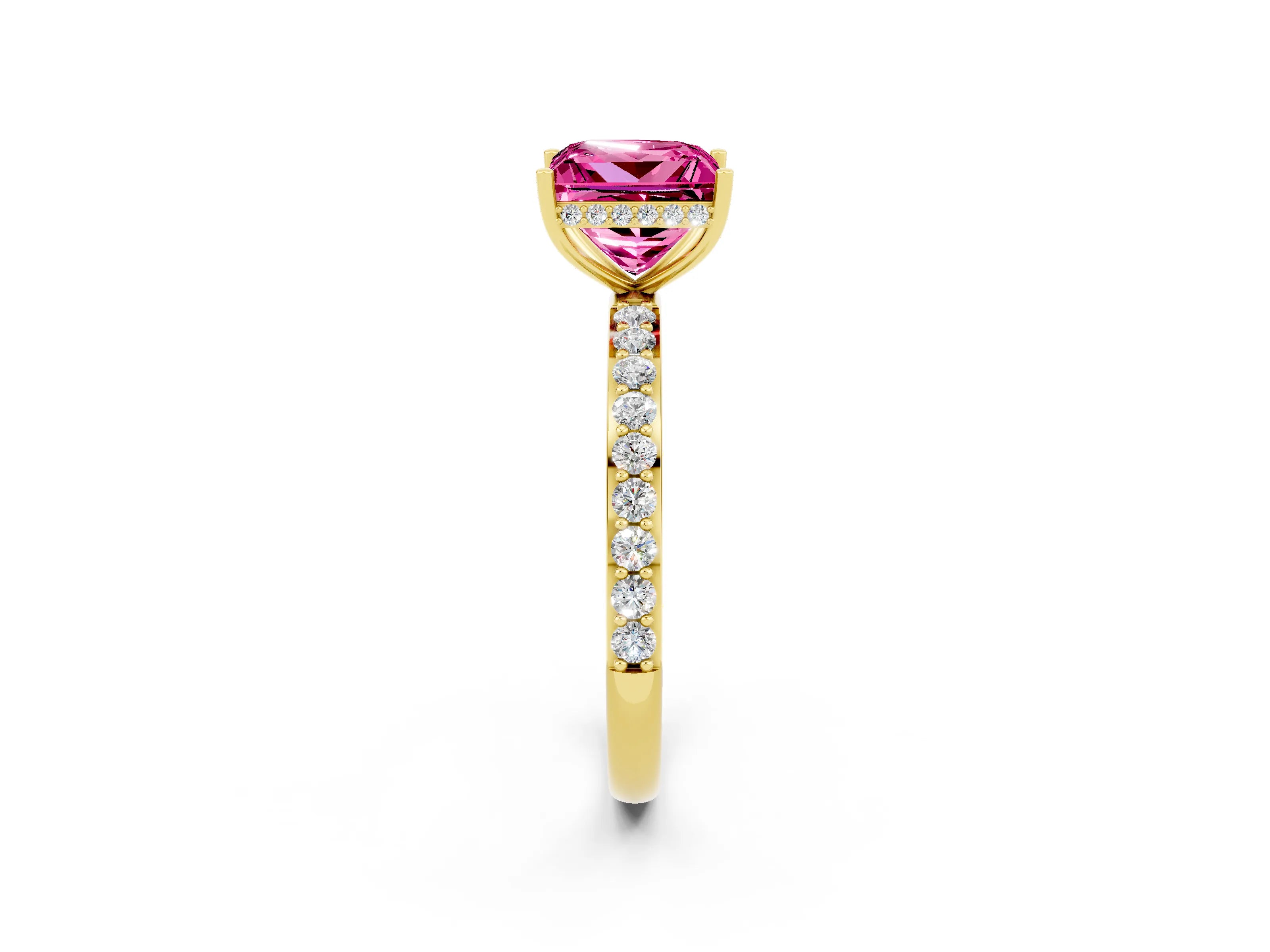 Yellow gold Princess Cut Pink Sapphire Solitaire Ring with Pavé Band and Hidden Halo_14