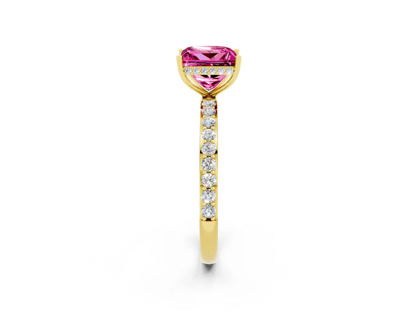 Yellow gold Princess Cut Pink Sapphire Solitaire Ring with Pavé Band and Hidden Halo
