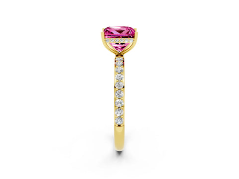 Yellow gold Princess Cut Pink Sapphire Solitaire Ring with Pavé Band and Hidden Halo_14