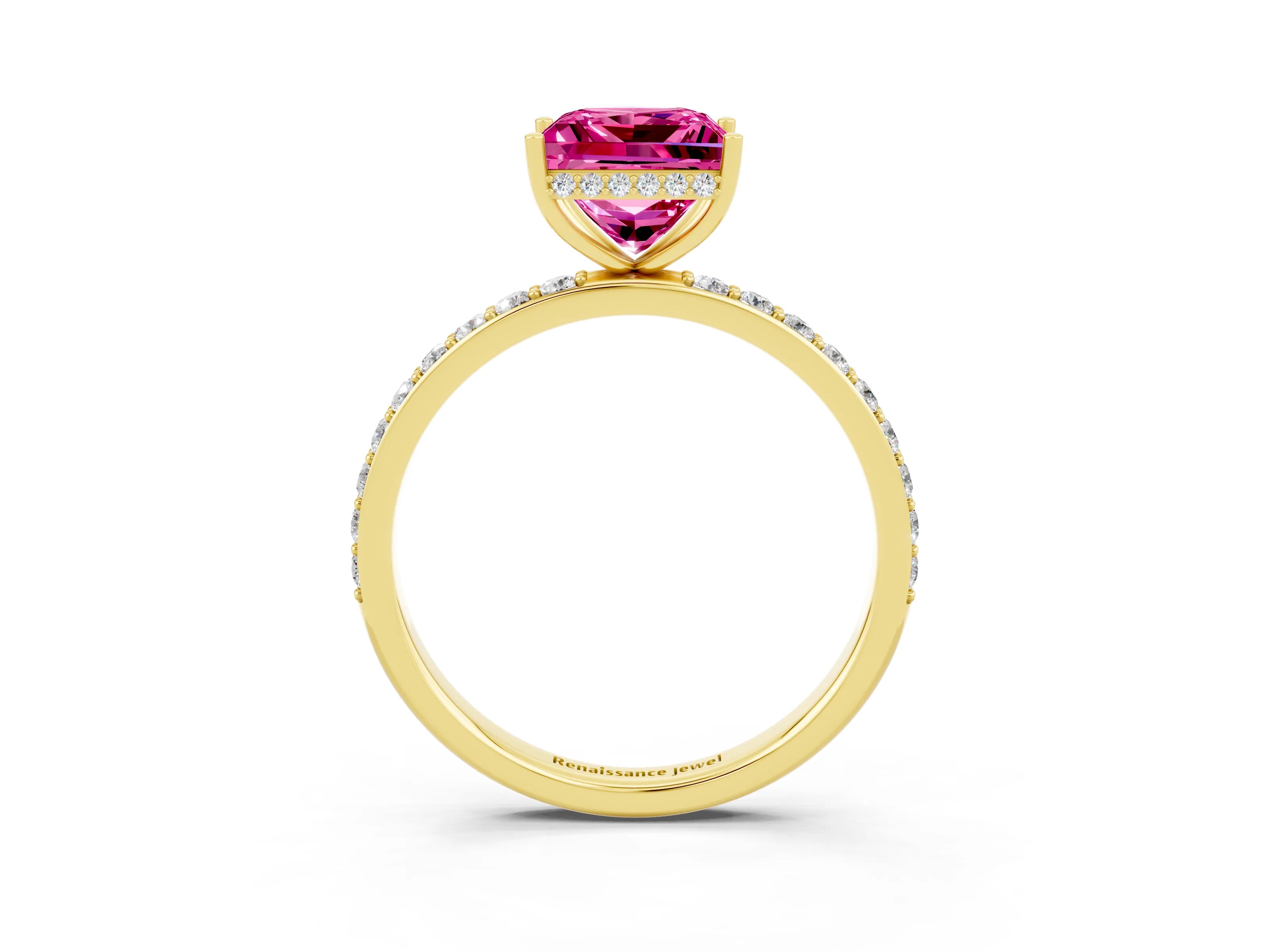 Yellow gold Princess Cut Pink Sapphire Solitaire Ring with Pavé Band and Hidden Halo_15