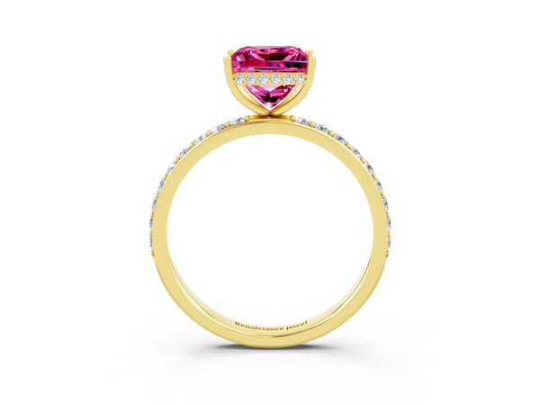 Yellow gold Princess Cut Pink Sapphire Solitaire Ring with Pavé Band and Hidden Halo