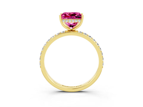 Yellow gold Princess Cut Pink Sapphire Solitaire Ring with Pavé Band and Hidden Halo_15