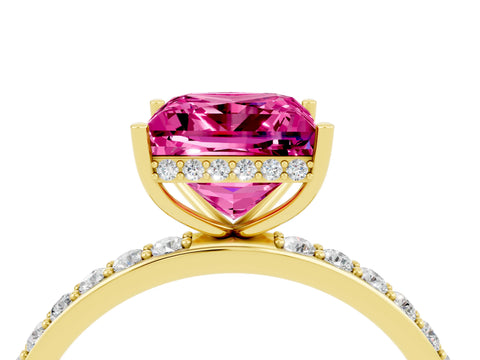 Yellow gold Princess Cut Pink Sapphire Solitaire Ring with Pavé Band and Hidden Halo_16