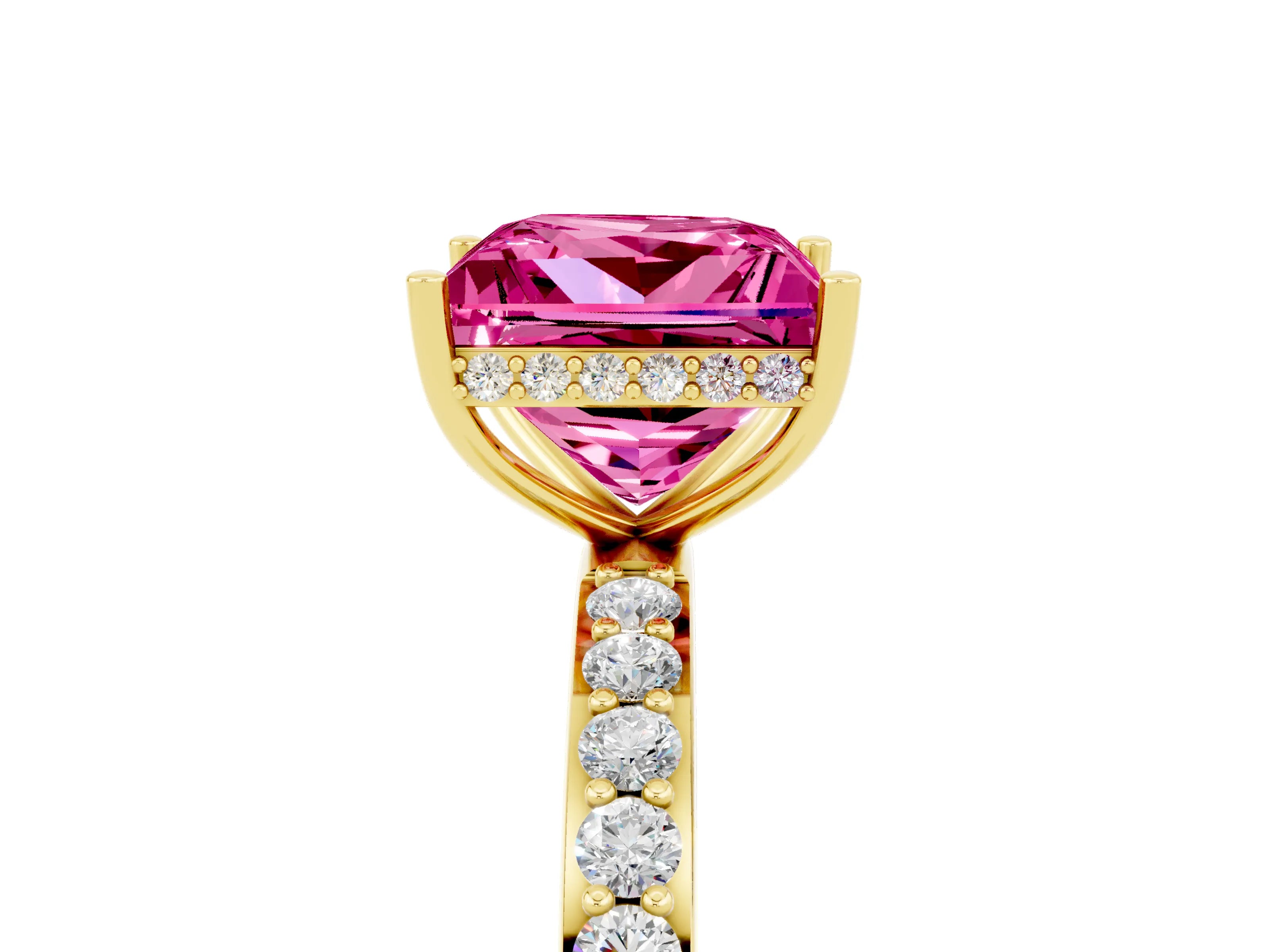 Yellow gold Princess Cut Pink Sapphire Solitaire Ring with Pavé Band and Hidden Halo_17