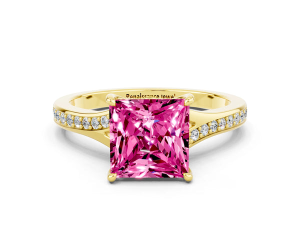 Yellow gold Princess Cut Pink Sapphire Solitaire Ring with Pavé Band and Prong Setting
